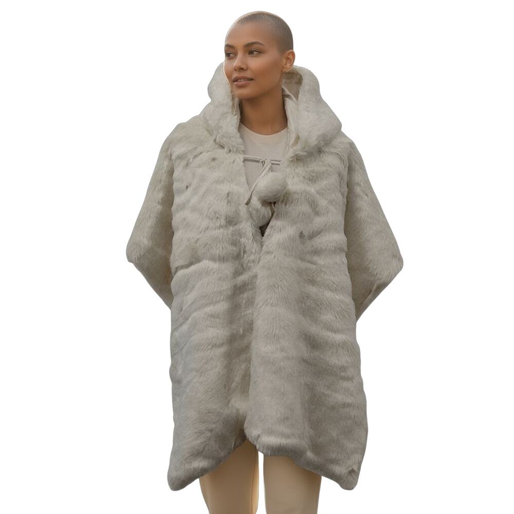 Runway New York Womens Faux Fur Hooded Cape Coat Ivory Soft Plush Poncho NWT